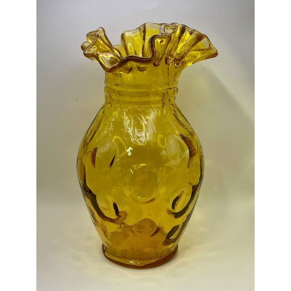 Fenton Amber Glass Coin Dot Pinched Double Ruffle Top Vase - Picture 2 of 6